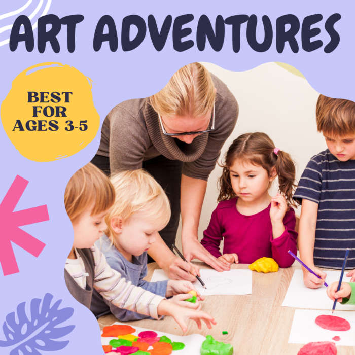adult helping four children with art text reads art adventures best for ages 3-5
